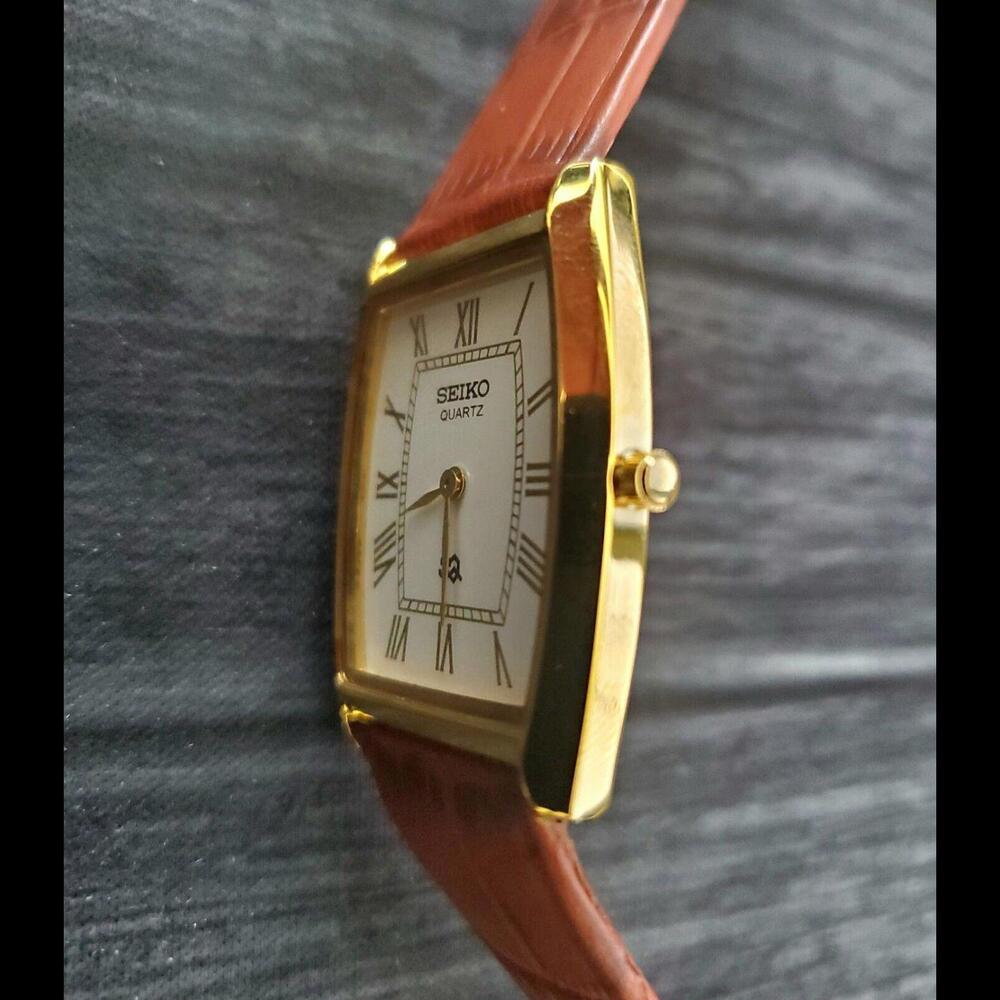 Rare Mens Slim Seiko Gold Barrel Tank White Roman Dial Watch New Mvt & B…‎ - Picture 3 of 6
